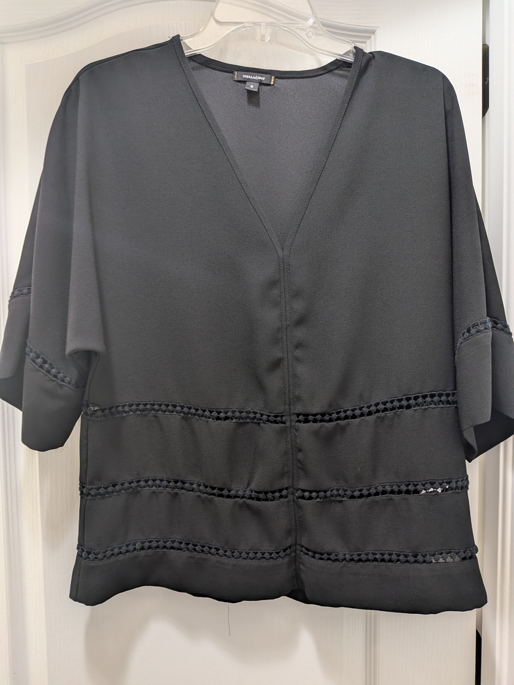 Stella & Dot Black V-Neck Short Sleeve Tunic with Ladder Trim